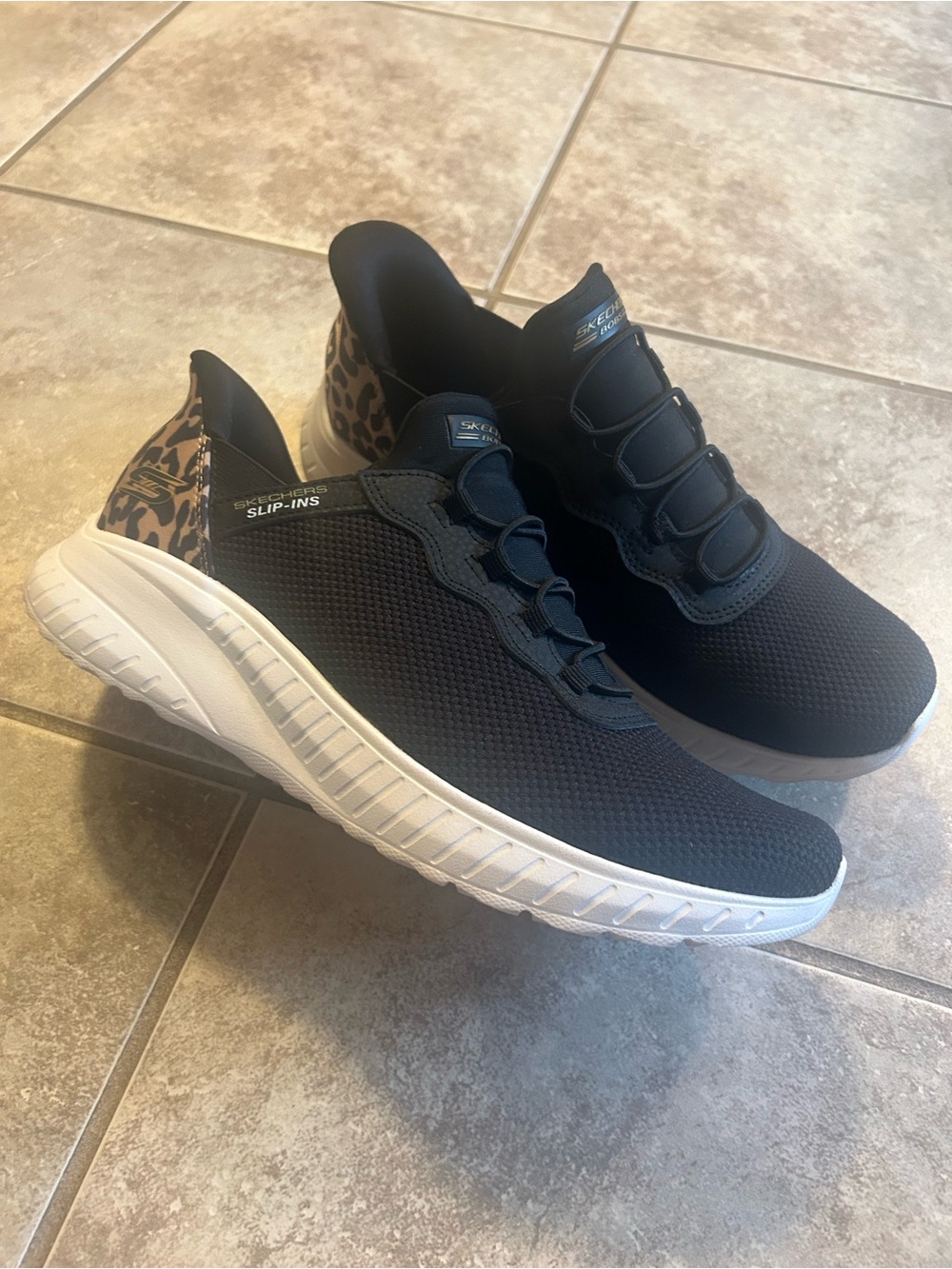 Skechers Black Slip-On Athletic Sneakers with Leopard Heel